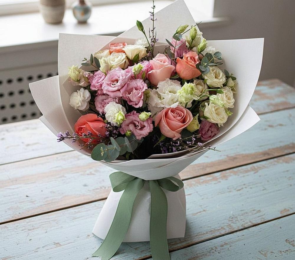 Букет цветов из: Розы, Лизиантусы и Гвоздики в Новодвинске