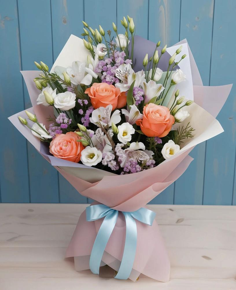 Букет цветов из: Лизиантусы, Розы, Альстромерии и Гипсофила в Новодвинске