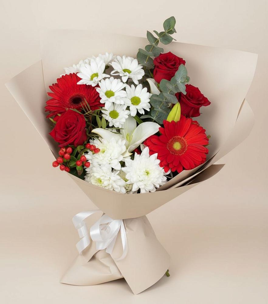 Букет цветов из: Розы, Хризантемы, Герберы и Лилии в Новодвинске